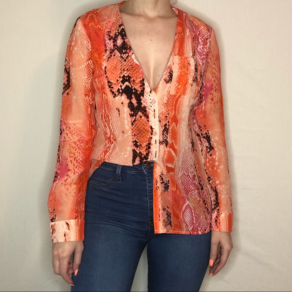 Orange snake print silk button down